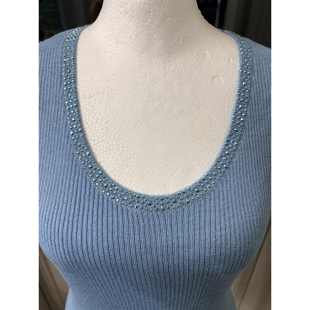 St.‎ John Sport Marie Gray Blue Ribbed Knit Beaded Shell Tank Top Wool Rayon S